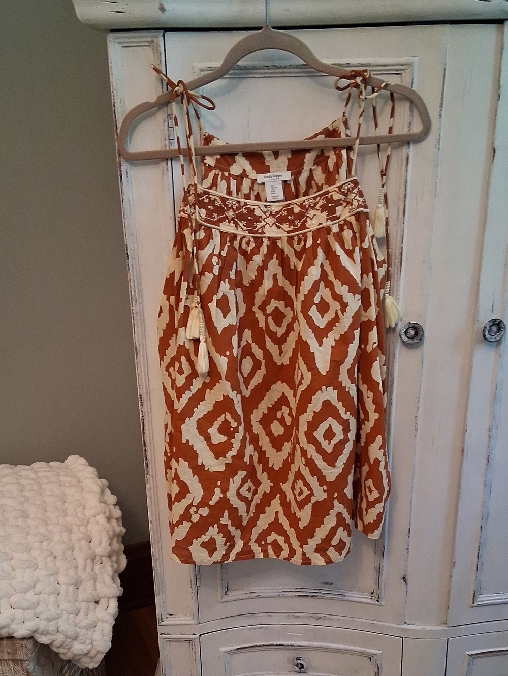 Haute Hippie Rust and Cream Ikat Tie-Shoulder Top